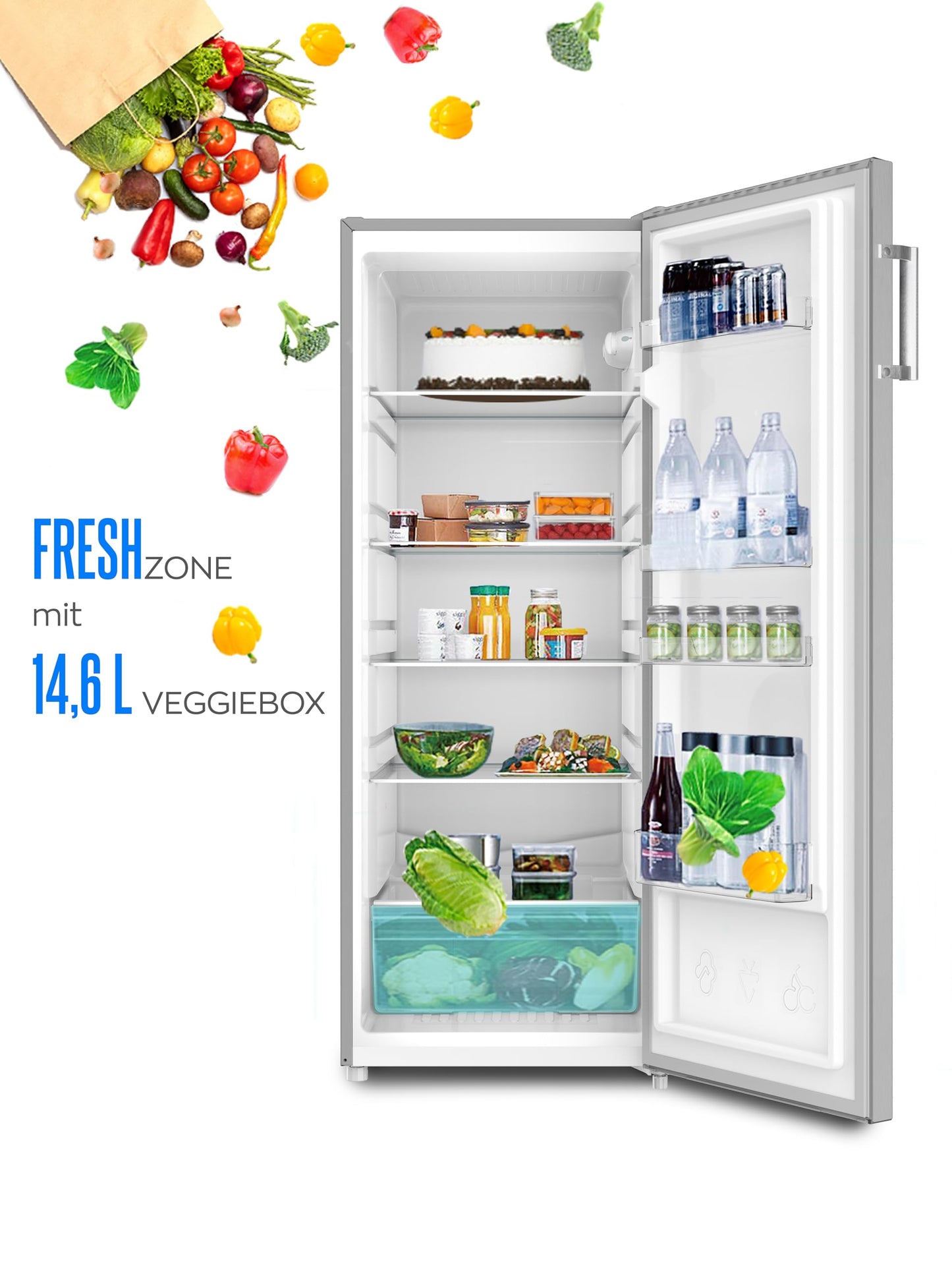 Heinrich’s Kühlschrank 241L freistehend – Inox-Edelstahl, 39dB leise, 5 Glasablagen + Gemüsefach, Türanschlag wechselbar, LED-Beleuchtung