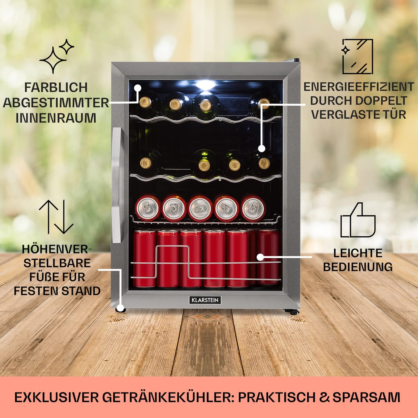 Klarstein Mini-Kühlschrank 60L mit Glastür – leise, verstellbare Wellenform-Ablagen, ideal für Zimmer/Getränke