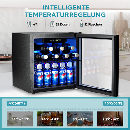EUHOMY Getränkekühlschrank 37L - Mini-Kühlschrank mit Glastür & LED, 43dB leise, für 55 Dosen, ideal für Büro/Bar/Zimmer, schwarz