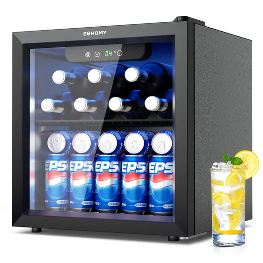 EUHOMY Getränkekühlschrank, Mini Kühlschrank mit Glastür, Bierkühler, Tisch-Getränkekühlschrank für 55 Dosen, Schwarz Freistehender Kühlschrank mit LED, 43dB, für Büro, Zimmer, Bar, 37L, Geräuscharm