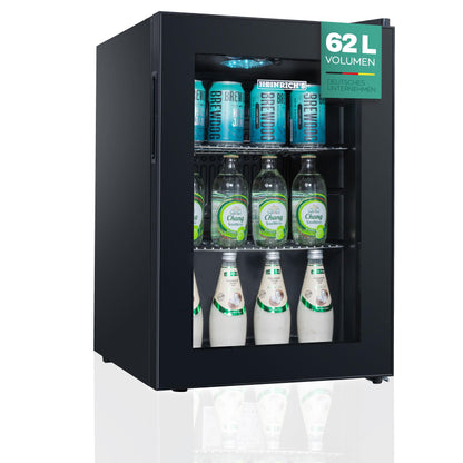 HEINRICHS Getränkekühlschrank 62L mit Glastür – LED-Beleuchtung, 4-18°C, 40dB leise, für Büro/Camping/Garten, 2 Ablagen