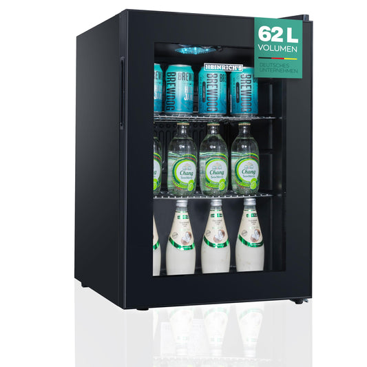 Heinrich´s HEINRICHS Getränkekühlschrank, Mini Kühlschrank mit Glastür kompakt und leise: 40dB, LED-Innenraumbeleuchtung, perfekt geeignet für Büro Camping Garten,4 bis18°C, (62 Liter/2 Ablagen/40db)