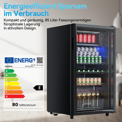TRIUMPHKEY Getränkekühlschrank 85L - Bierkühlschrank mit blauer LED-Beleuchtung & Vollglas-Tür, 4 Ablagen + Flaschenhalter, für Soda/Bier/Wein