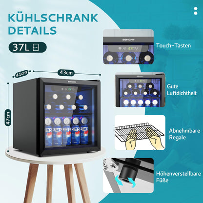 EUHOMY Getränkekühlschrank 37L - Mini-Kühlschrank mit Glastür & LED, 43dB leise, für 55 Dosen, ideal für Büro/Bar/Zimmer, schwarz