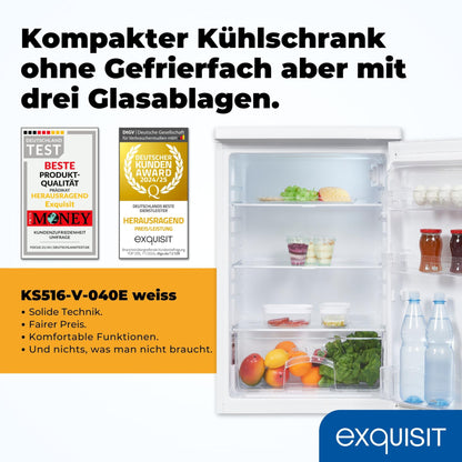 Exquisit KS516-V-040E Kühlschrank 127L ohne Gefrierfach – 55cm schmal, freistehend, Temperaturregelung, LED-Licht, weiß