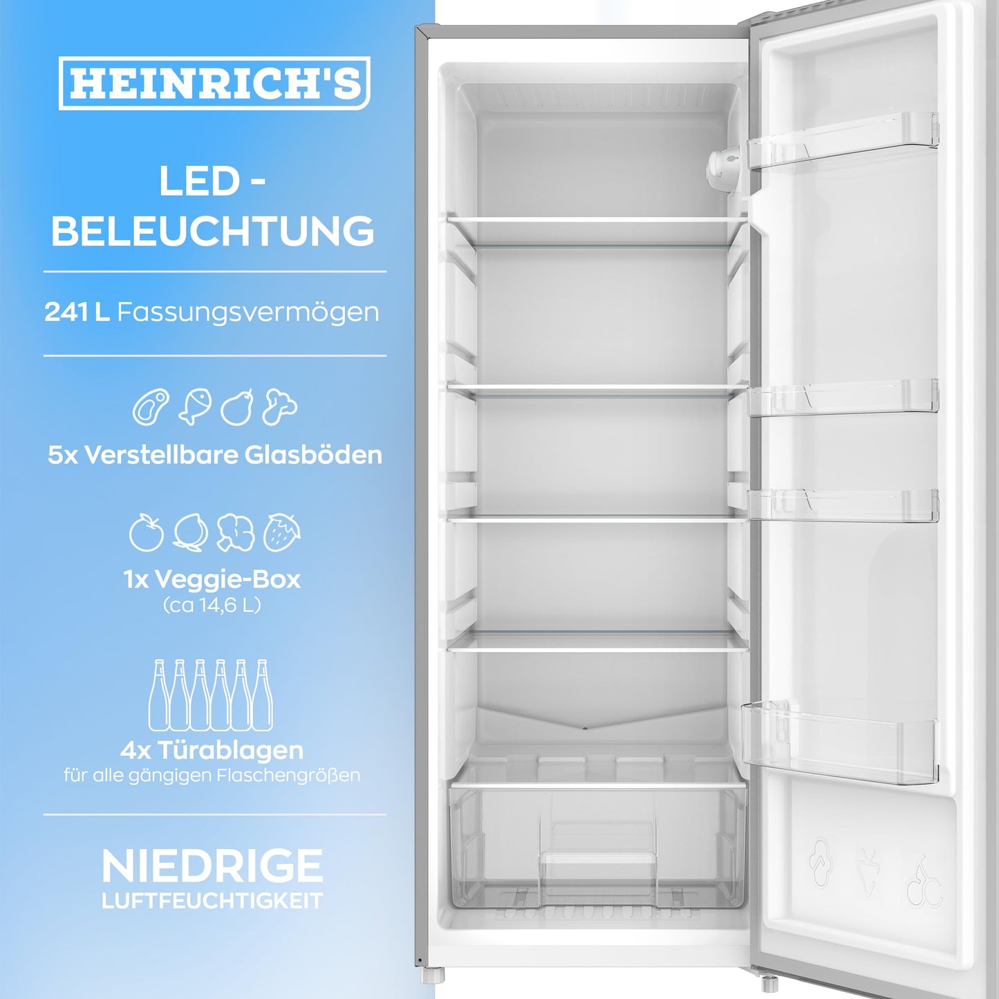 Heinrich’s Kühlschrank 241L freistehend – Inox-Edelstahl, 39dB leise, 5 Glasablagen + Gemüsefach, Türanschlag wechselbar, LED-Beleuchtung