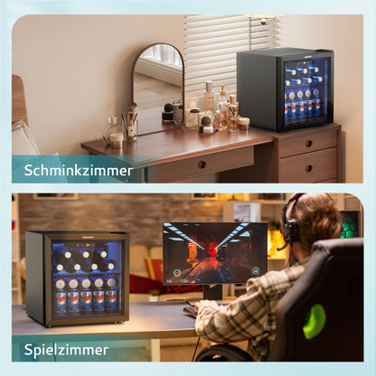EUHOMY Getränkekühlschrank 37L - Mini-Kühlschrank mit Glastür & LED, 43dB leise, für 55 Dosen, ideal für Büro/Bar/Zimmer, schwarz