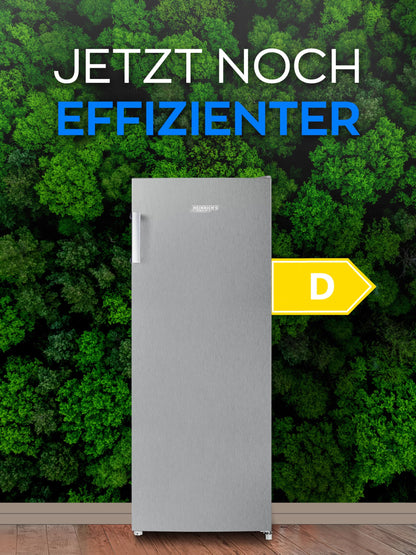 Heinrich’s Kühlschrank 241L freistehend – Inox-Edelstahl, 39dB leise, 5 Glasablagen + Gemüsefach, Türanschlag wechselbar, LED-Beleuchtung